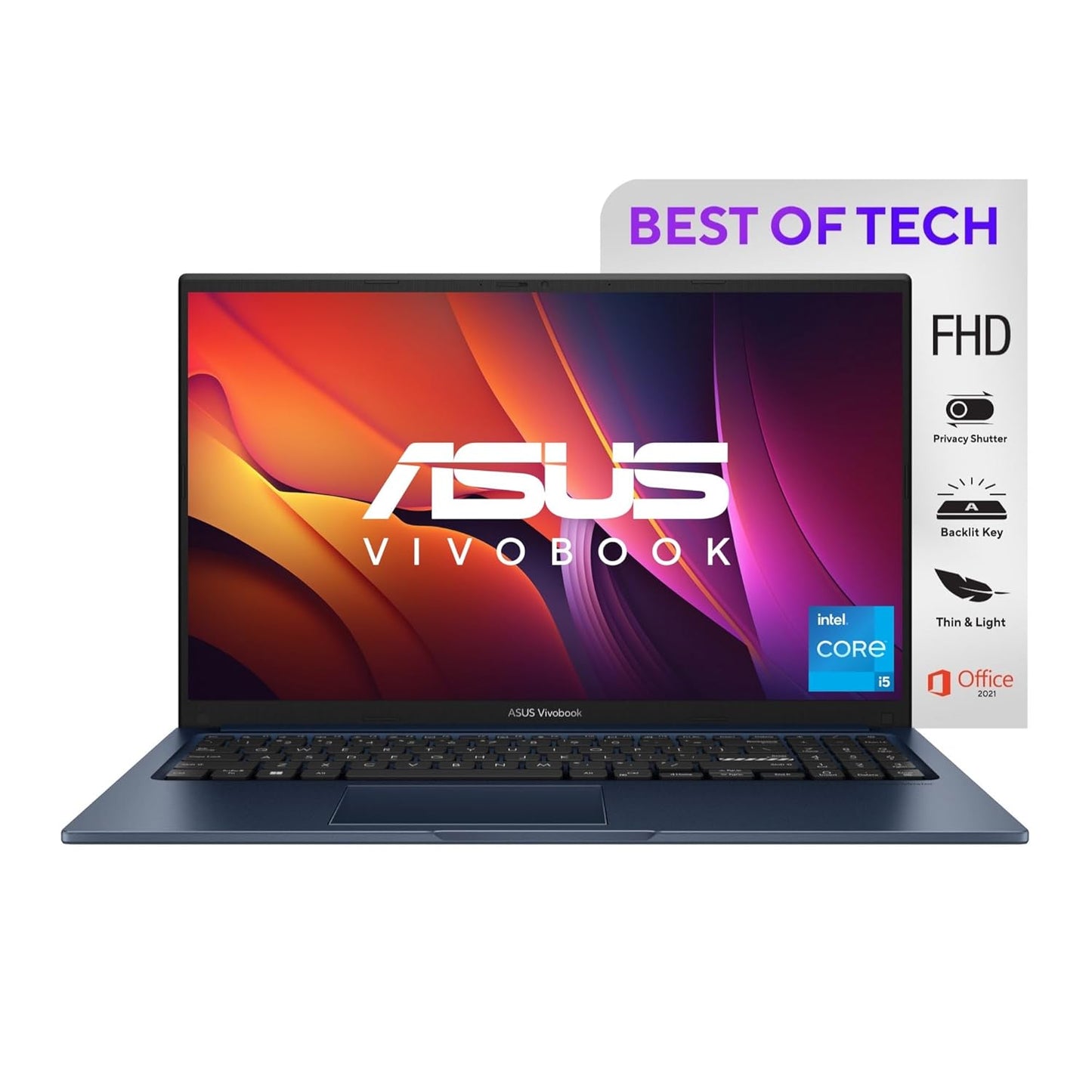 ASUS Vivobook 15, Intel Core i5-1235U, 12th Gen, 8GB RAM, 512GB SSD, FHD, 15.6"/39.62cm, Windows 11 Home, MS Office 2021, Quiet Blue, 1.7KG, X1504ZA-NJ521WS, Backlit Keyboard, Thin and Light Laptop