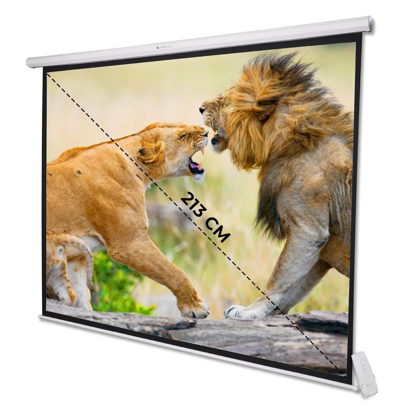 ZEBRONICS PSM84A Motorised Projector Screen, 84 inches, Roll Mechanism, Supports 4K, Matte Finish, 4:3 Aspect Ratio, High Gain Fabric, Control Pod, Re
