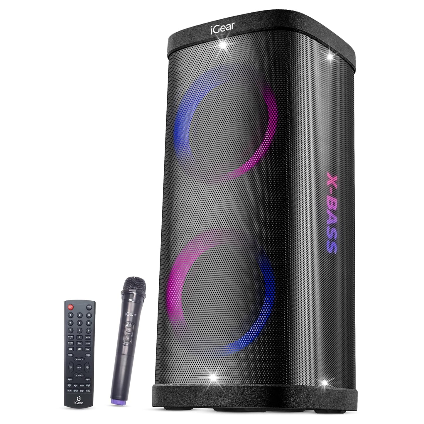 iGear X-Bass 100 Portable Bluetooth Party Speaker, 100W Monstrous Pro Sound, Dynamic Light Show, Upto 9Hrs Playtime, Built-in Powerbank, Guitar & Mic