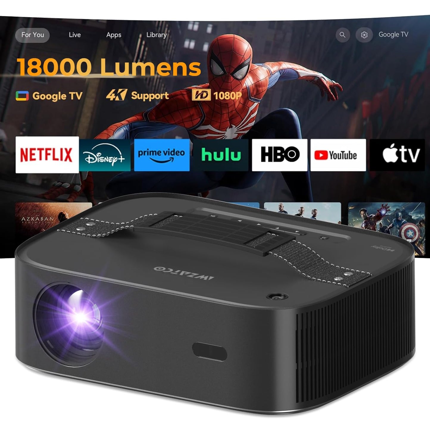 Wzatco Alpha 2 Max (Dark Edition) Ultra Bright 18000 Lumens, Native 1080P Fully Automatic 4K HDR, (Intelligent OA + Screen Fit), Dolby, HDMI ARC, Andr