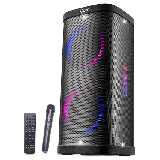 iGear X-Bass 100 Portable Bluetooth Party Speaker, 100W Monstrous Pro Sound, Dynamic Light Show, Upto 9Hrs Playtime, Built-in Powerbank, Guitar & Mic